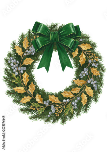 Classic watercolor christmas wreath illustration with dark pine, shimmering gold holly, sparkling silver berries, and an emerald velvet bow, on a transparent background. Concept of luxurious tradition