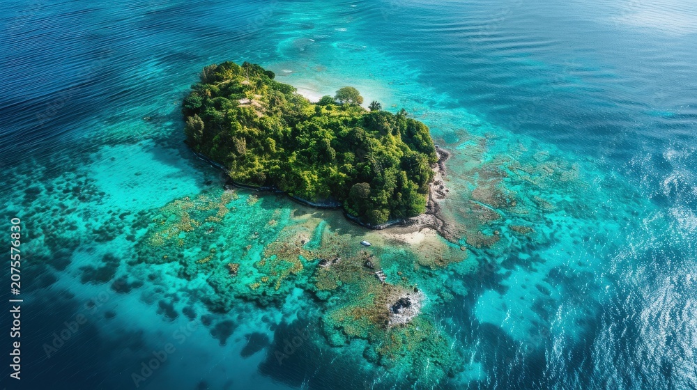 Fototapeta premium Island covered in lush tropical forest rises from the crystal clear turquoise waters of the ocean.