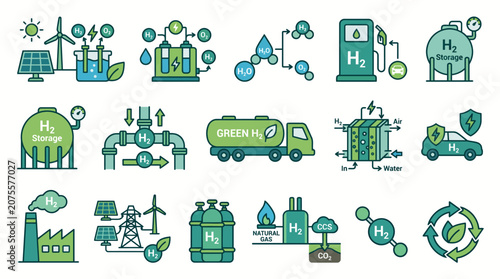 Принти на полотні Hydrogen energy production storage transportation and utilization process icons set