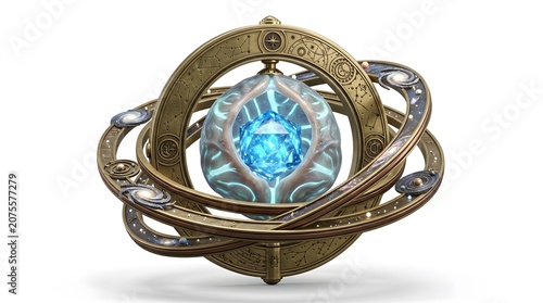 Mystical cosmic armillary sphere with glowing blue crystal