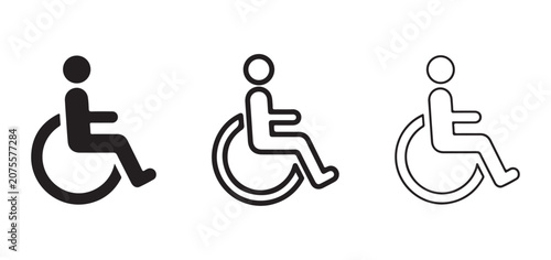 Disabled person wheelchair symbol icon set for accessibility and inclusion  three different styles