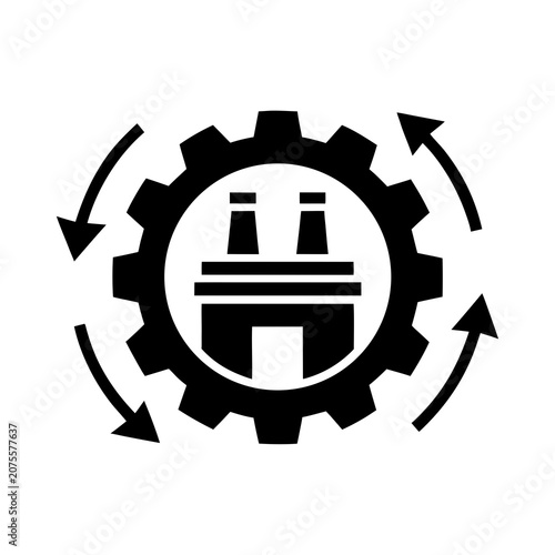 Factory building icon centered inside a mechanical gear with surrounding circular motion arrows