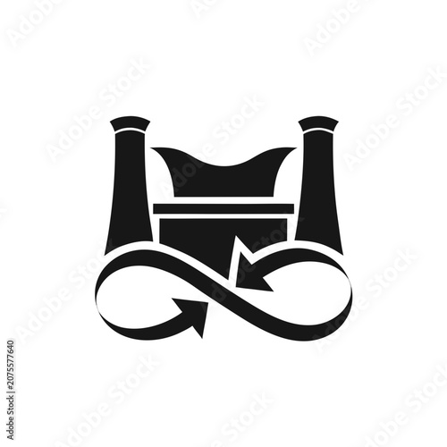 Industrial factory building silhouette with infinity circular arrow symbol for sustainable