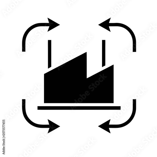 Industrial factory building with four corner orientation arrows indicating logistical flow
