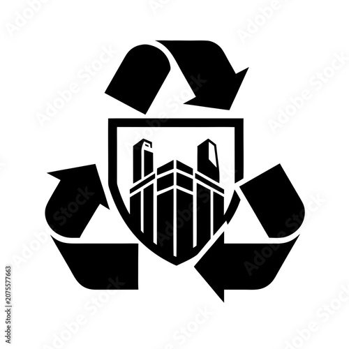 Skyscraper building icon inside a recycling symbol shield representing sustainable urban