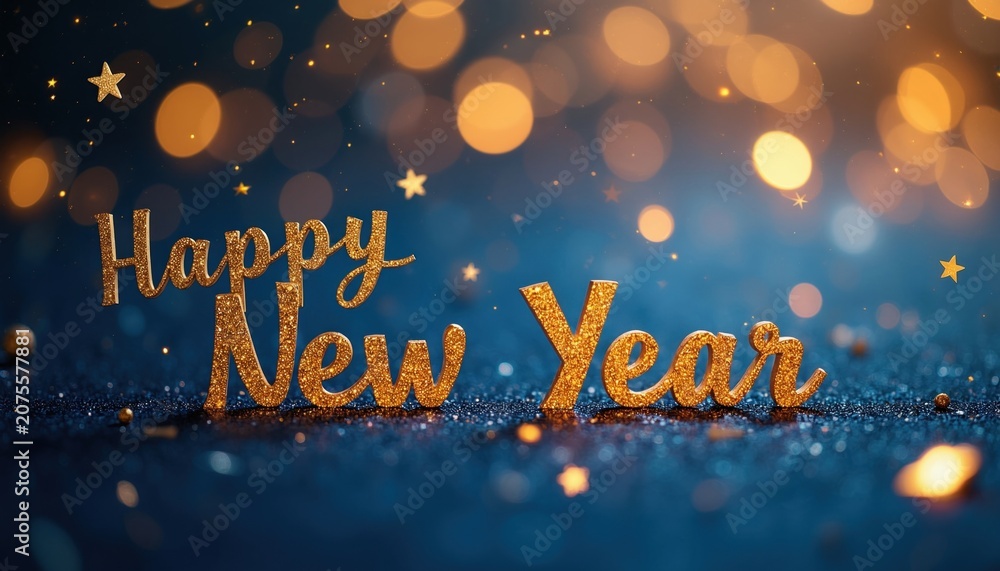 Fototapeta premium Golden glitter letters spell Happy New Year. Sparkle stars and soft bokeh lights on dark blue background. Festive celebration atmosphere for holiday event.