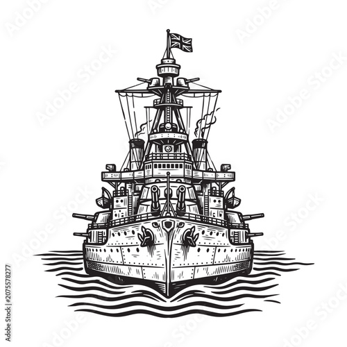 Detailed vintage black and white sketch drawing of a big battleship vector illustration