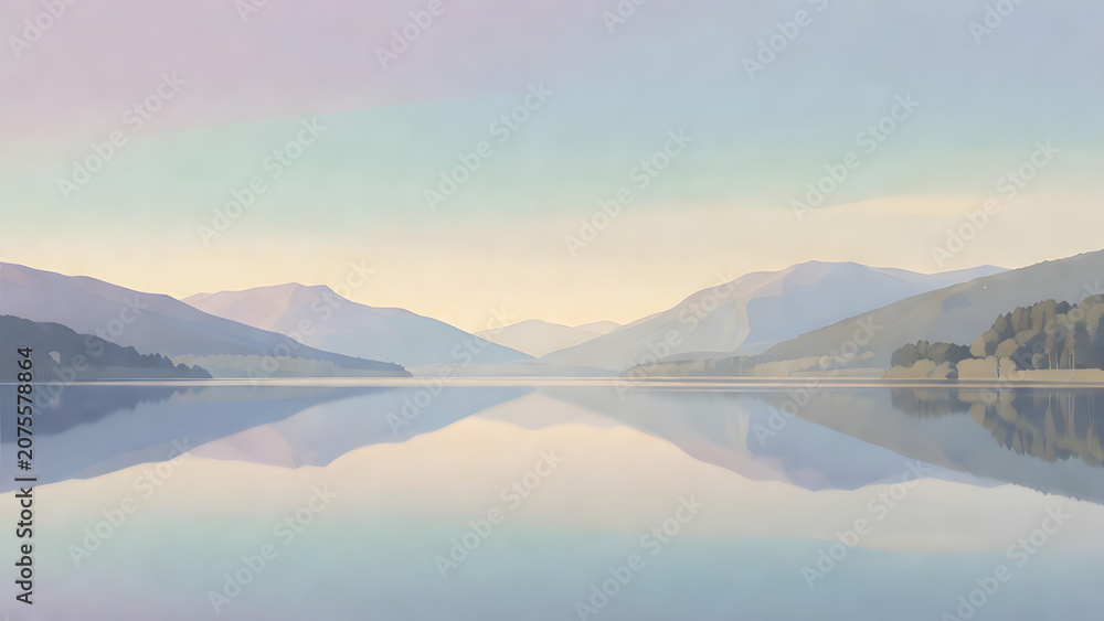 Fototapeta premium Soft Color Field Landscape with Calm Lake and Mountains