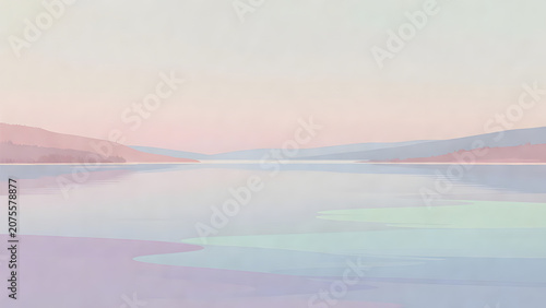 Soft Color Field Landscape with Calm Lake and Mountains