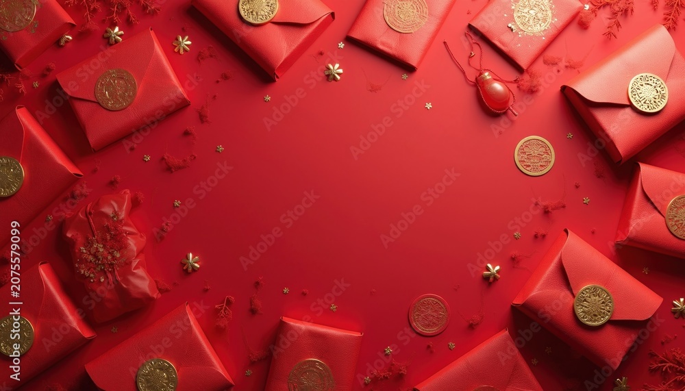 Fototapeta premium Red envelopes with gold seals, ornate patterns scattered across vibrant red background, prosperity, good fortune during festive celebrations, cultural traditions like Lunar New Year, weddings.