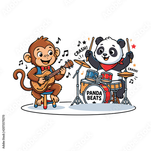 Canvas Print Cute cartoon monkey playing acoustic guitar and panda playing drums vector illus