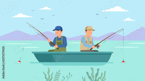 Konstfotografi Cartoon illustration of two male friends fishing in a boat on a lake