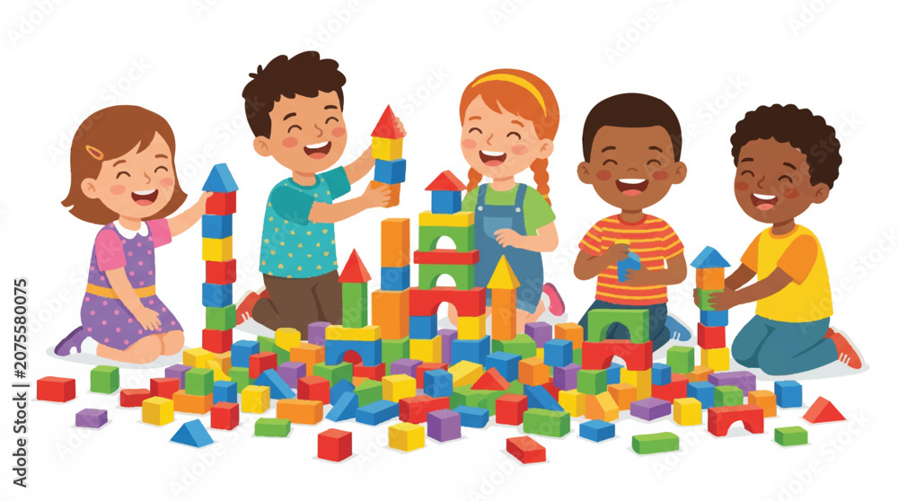 Obraz premium Vibrant group of children playing with colorful blocks to build a tower and explore creativity together.