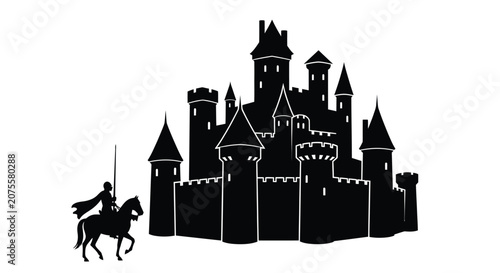 Fotografie Castle And Knight Silhouette Against A White Background
