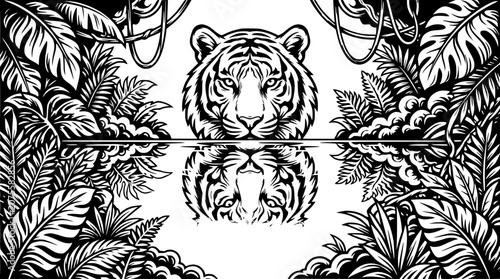 Foto Tiger face reflection jungle leaves monochrome illustration, wild animal portrai
