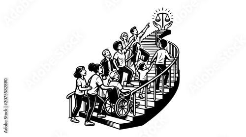 Photos Diverse people ascend stairs towards justice symbol, symbolizing equality and opportunity
