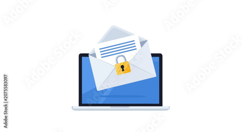 Secure Email Communication Illustration with Laptop, Open Envelope, and Padlock for Data Privacy and Cybersecurity