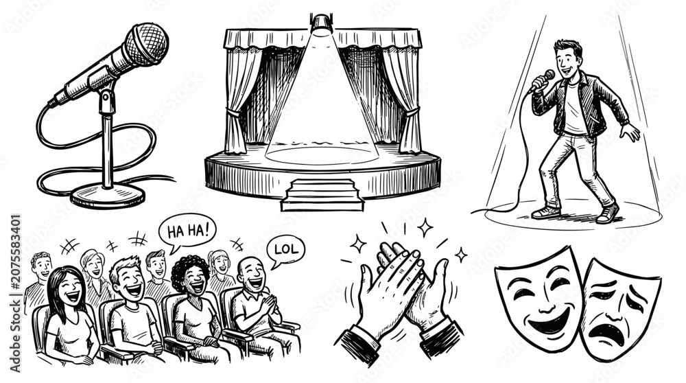 Obraz premium Comedy Show Icons: Stage, Microphone, Audience, Applause, Masks, Performance