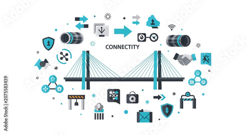 Business connectivity concept with suspension bridge and digital icons for networking, communication, and infrastructure development