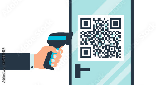 Hand holding digital scanner scanning QR code on glass door, smart security access control and contactless check-in concept vector illustration