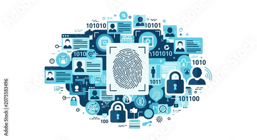 Cybersecurity and Biometric Fingerprint Identity Verification Concept Illustration