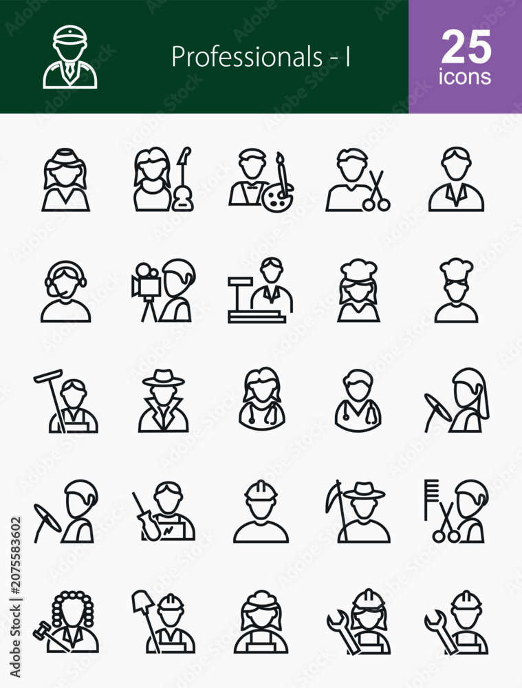 Fototapeta premium Professionals and Occupations Icon Set - 25 Flat Outline Vector Characters