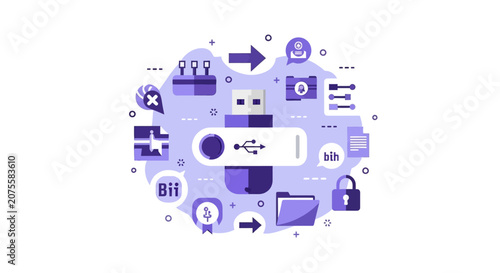 Data Security and Portable Storage Concept Illustration with USB Flash Drive and Cybersecurity Icons