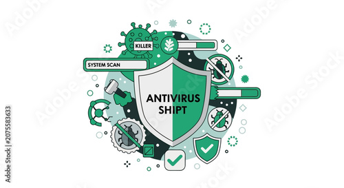 Antivirus Software Concept Illustration with Shield and Cybersecurity Symbols for Digital Protection and System Security