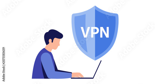 Man Working on Laptop with VPN Shield Protection, Flat Vector Illustration for Cyber Security, Internet Privacy, Data Encryption, and Secure Browsing Concept