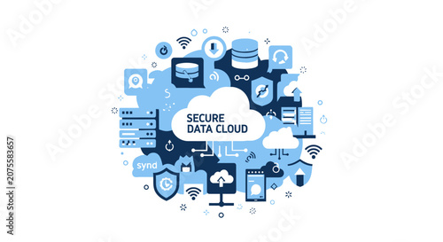 Secure Cloud Data Storage and Cybersecurity Concept Illustration with Network Infrastructure Icons