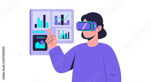 Woman Wearing VR Headset Analyzing Financial Data and Statistics on Virtual Dashboard Interface Vector Illustration