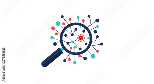 Virus Detection and Contact Tracing Concept with Magnifying Glass and Network Nodes Vector Illustration