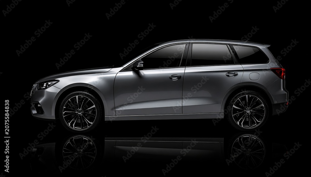 Naklejka premium gray modern car isolated on black background, premium automotive design concept, studio lighting and reflections