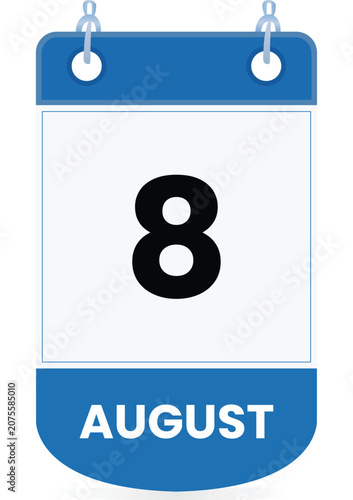 August 8 calendar icon in blue and white colors Clean vector-style date illustration suitable for mobile apps, websites, digital planner, schedules, reminder, event managemen Page Flip Single Date