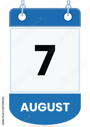 August 7 calendar icon in blue and white colors Clean vector-style date illustration suitable for mobile apps, websites, digital planner, schedules, reminder, event managemen Page Flip Single Date