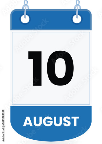 August 10 calendar icon in blue and white colors Clean vector-style date illustration suitable for mobile apps, websites, digital planner, schedules, reminder, event managemen Page Flip Single Date