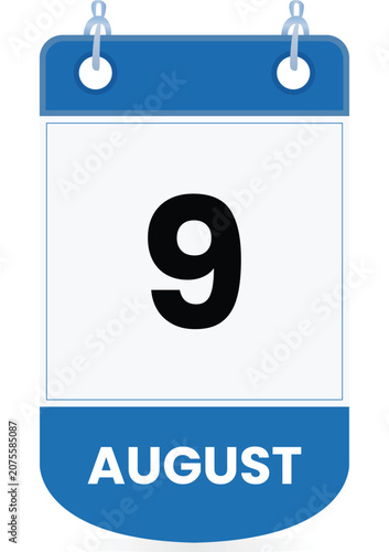 August 9 calendar icon in blue and white colors Clean vector-style date illustration suitable for mobile apps, websites, digital planner, schedules, reminder, event managemen Page Flip Single Date