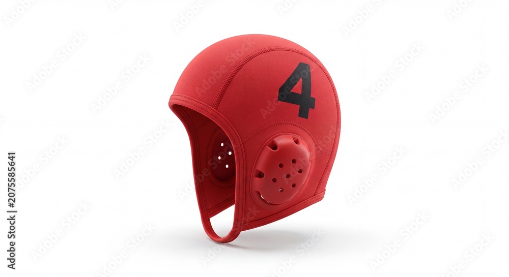 Fototapeta premium A bright red water polo cap with the number four printed on the side isolated on white background.