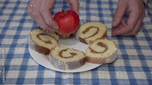 apple cake with apple on a plate, apple cake with apple on a plate