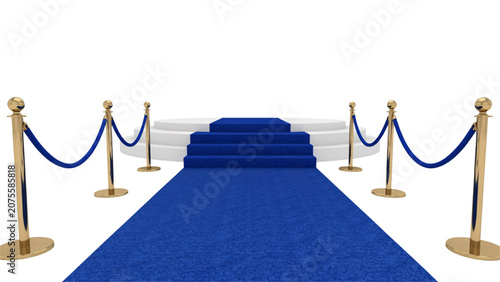 Red velvet rope barrier on a blue carpeted walkway with stanchions Vector