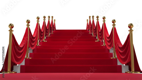 Red carpet staircase with velvet ropes and gold stanchions at event entrance Vector