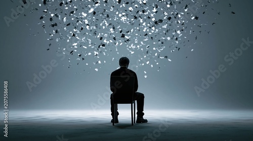 Back view of person sitting in chair with papers falling from ceiling
