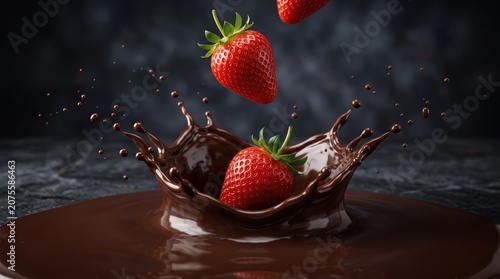 Strawberry Falling into Splashing Liquid Chocolate on Dark Background