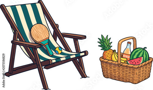 Obraz na plátně Summer Beach Lounge Chair with Paddle Ball and Picnic Fruit Basket Set for Vacat
