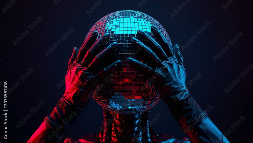 Obraz premium A humanoid figure with an elaborate and futuristic design is positioned against a dark background, surrounded by a large spherical disco ball