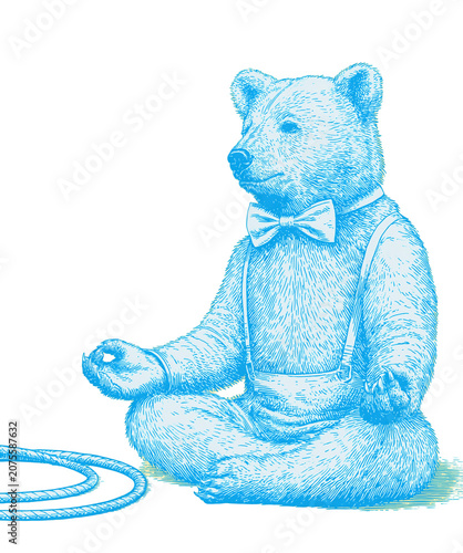 Blue line art bear meditating with rope isolated on transparent background PNG element