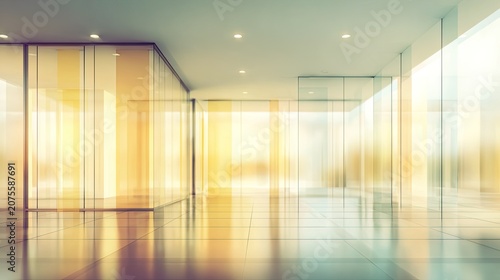 Bright, modern corporate corridor featuring reflective glass partitions and warm, abundant illumination