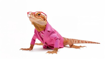 A bearded dragon dressed in a pink business suit on a white background, posing for a camera.