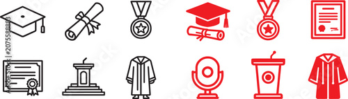 Foto Graduation icon set with mortarboard diploma medal certificate podium and academ