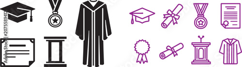 Fotografía Graduation icon set with mortarboard cap diploma scroll academic gown and medal